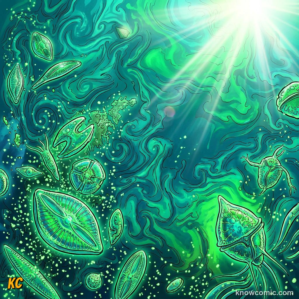 Comic close-up of glowing green phytoplankton drifting in sunlit seawater