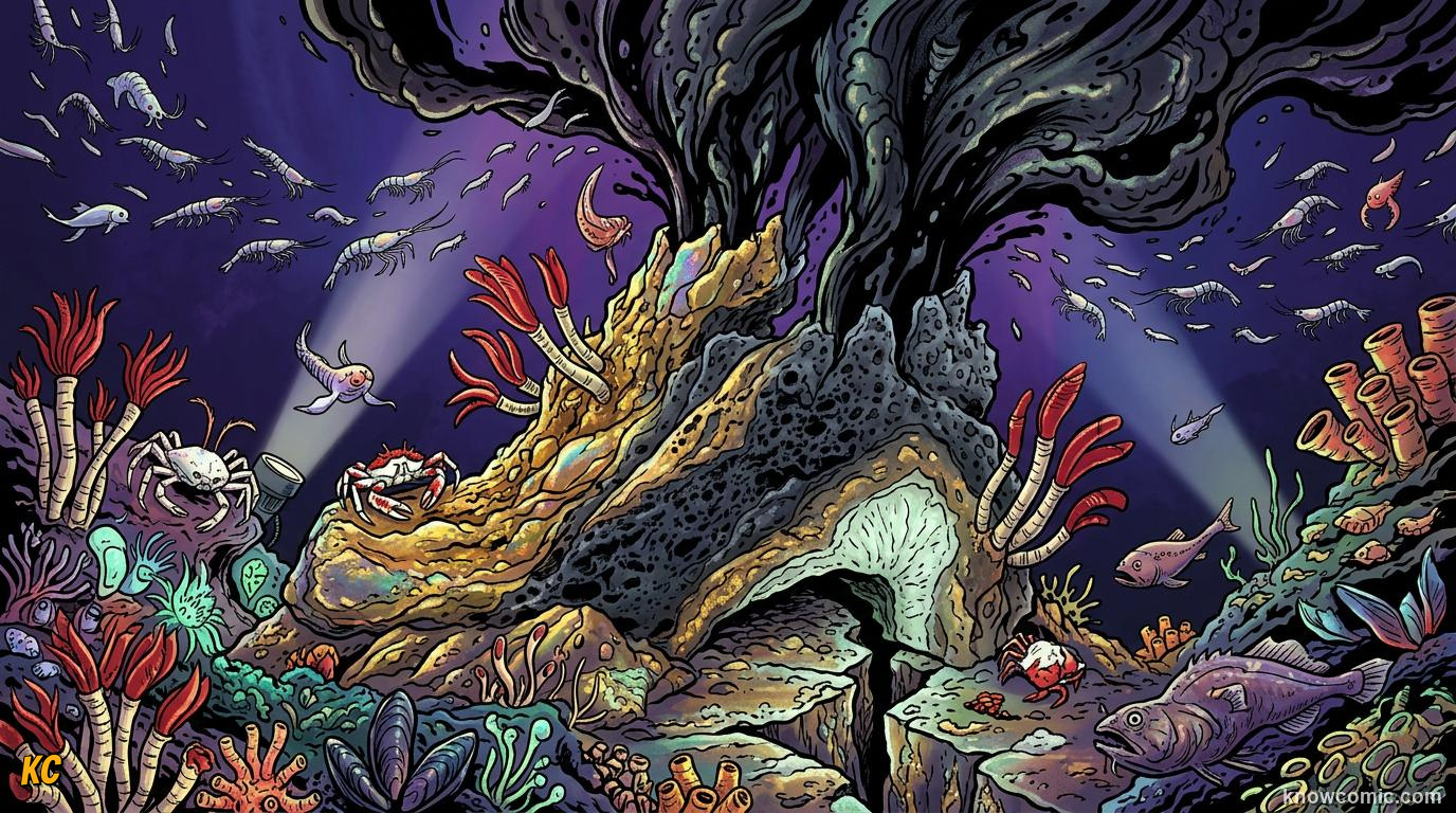 Comic deep-sea hydrothermal vent blasting dark mineral-rich water from rocky seafloor cracks