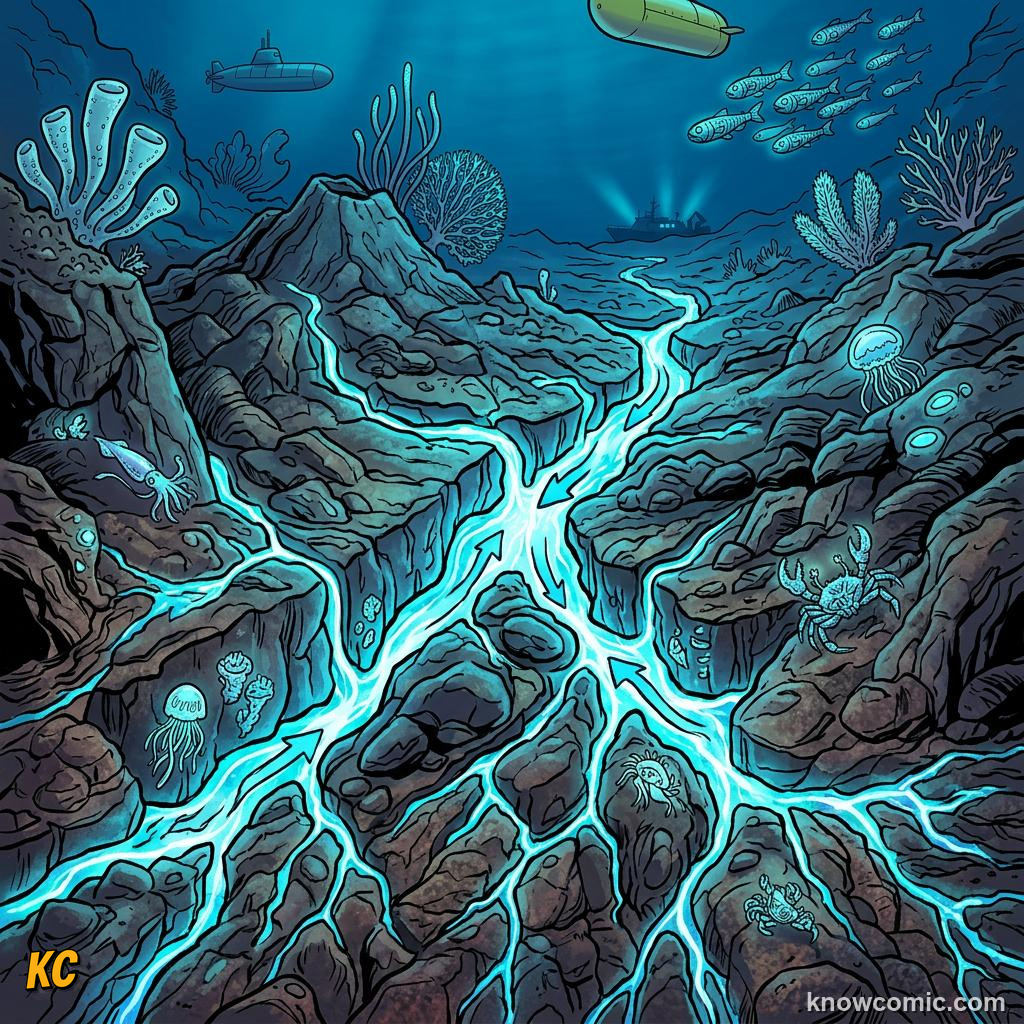 Comic rocky seafloor with glowing cracks where cold water sneaks underground
