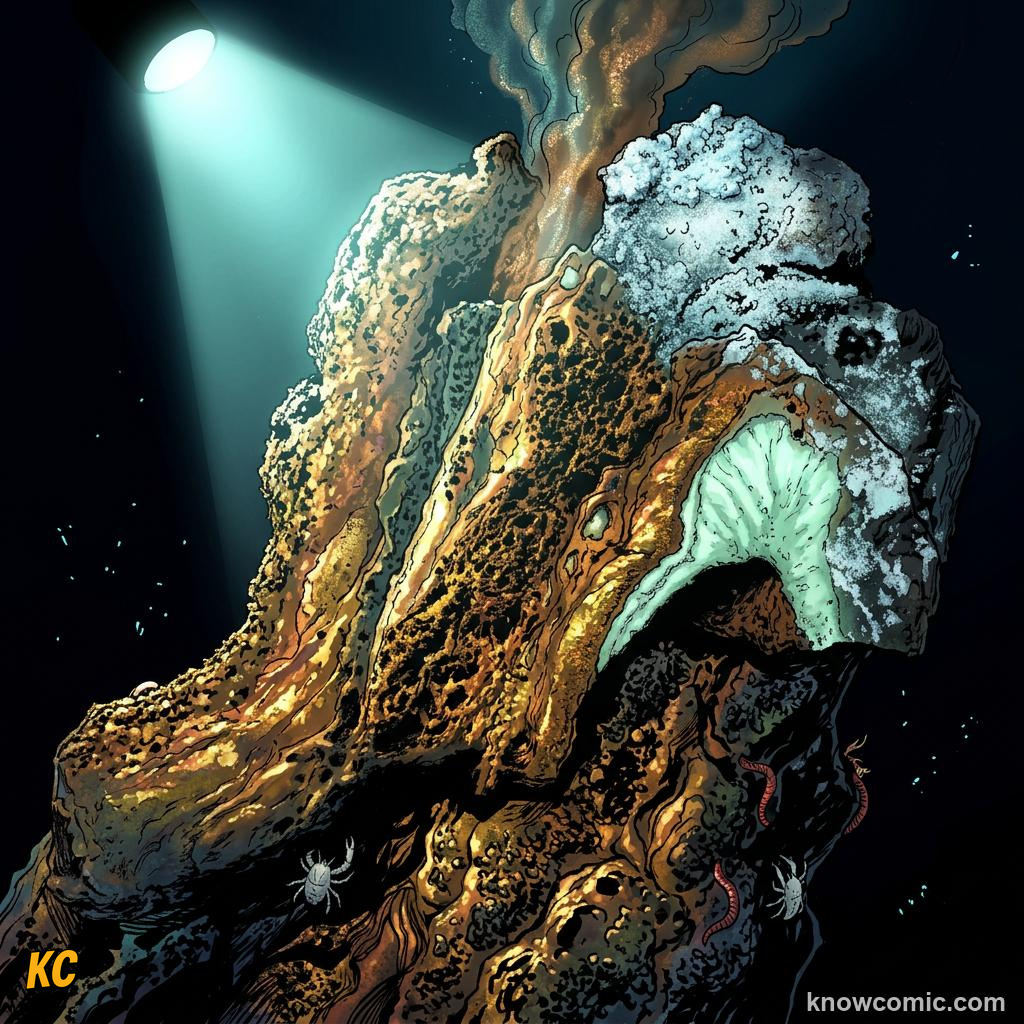 Comic pitch-black deep ocean with only a submersible light on a vent chimney