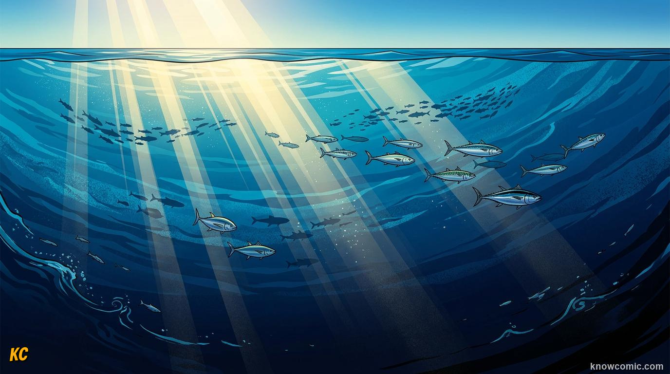 Comic vast blue open ocean panorama with sunlight shafts and distant swimming fish