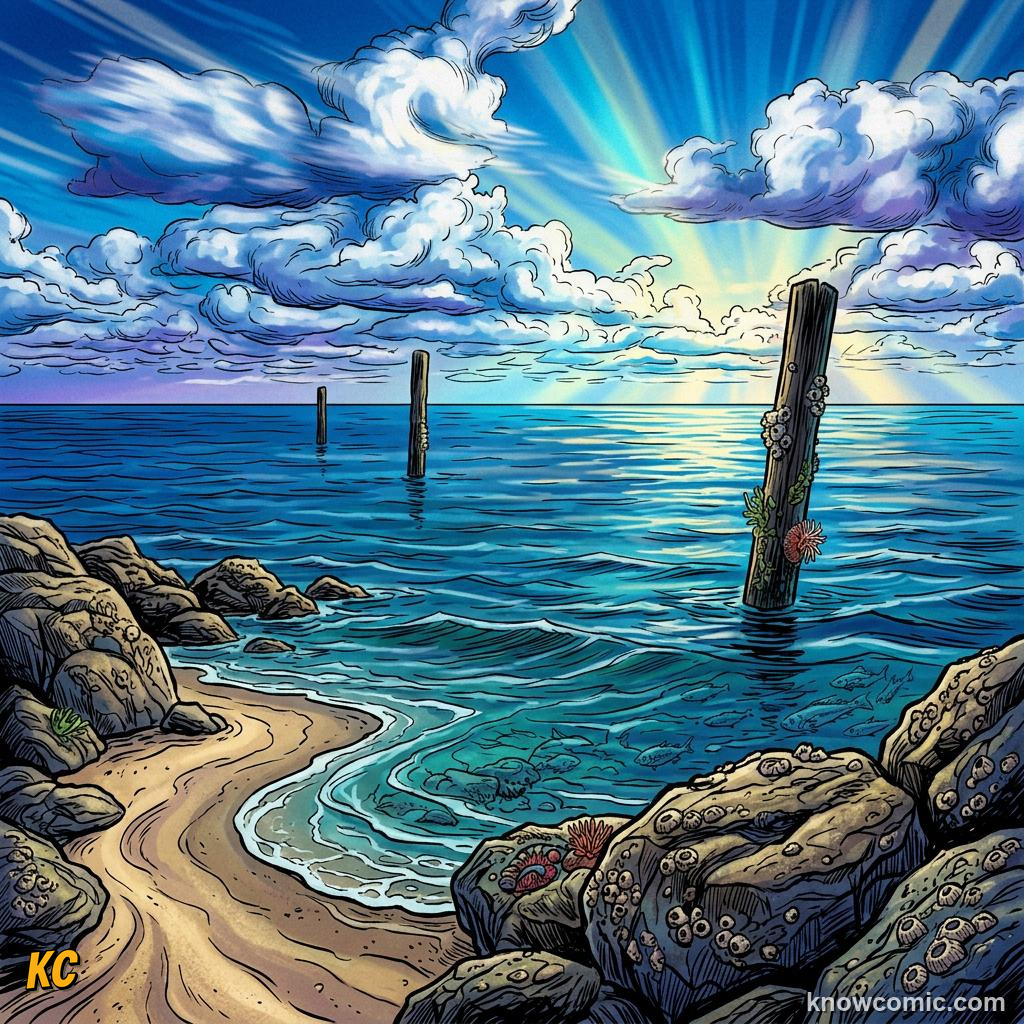 Comic map-like view showing open ocean far from rocky coast and sandy shore