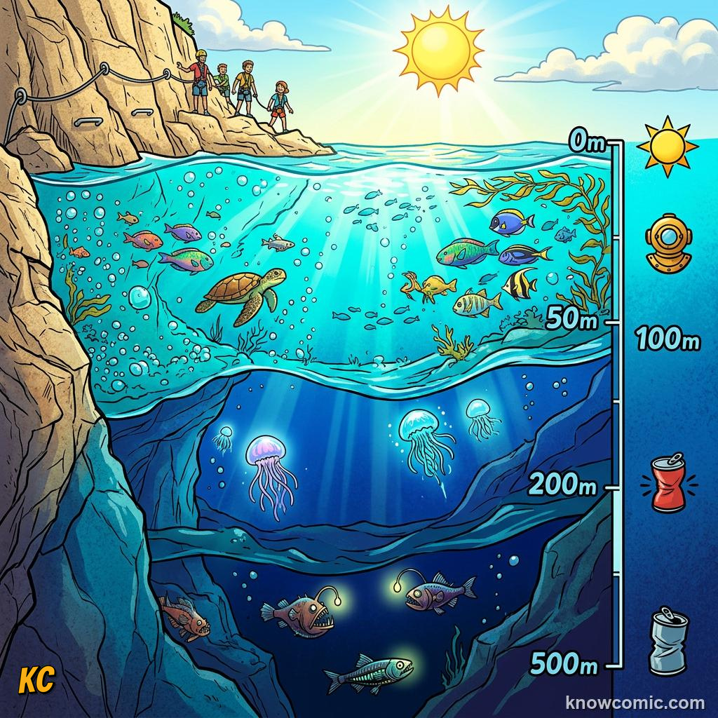 Comic cutaway of ocean layers from bright surface to dark midwater