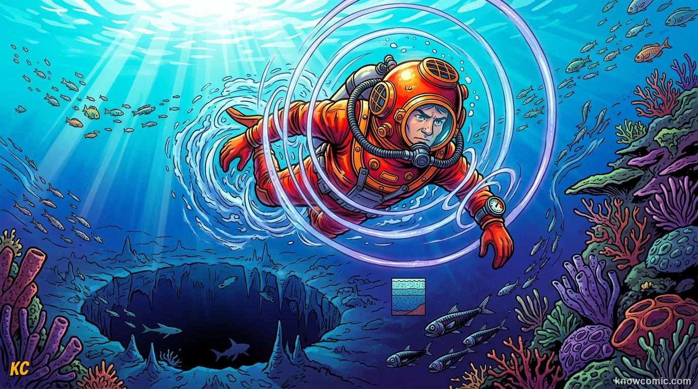 Comic diver descending through blue water with pressure arrows pressing from all sides