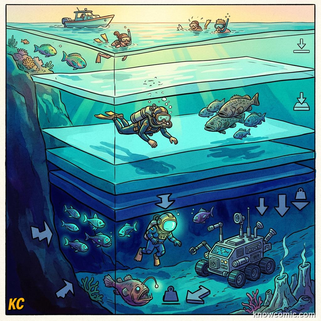 Comic stack of water layers pressing down harder as depth increases