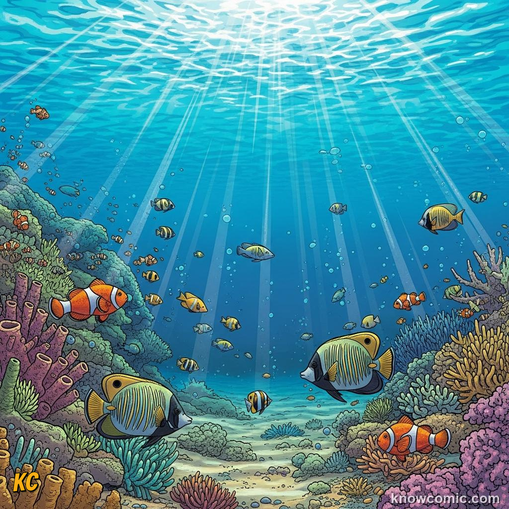 Warm shallow sunlit water above a tropical coral reef where growth is fastest
