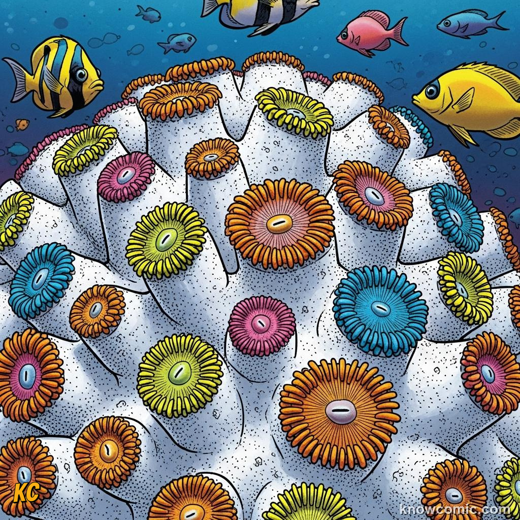 Close-up of a coral polyp secreting its calcium carbonate cup skeleton below