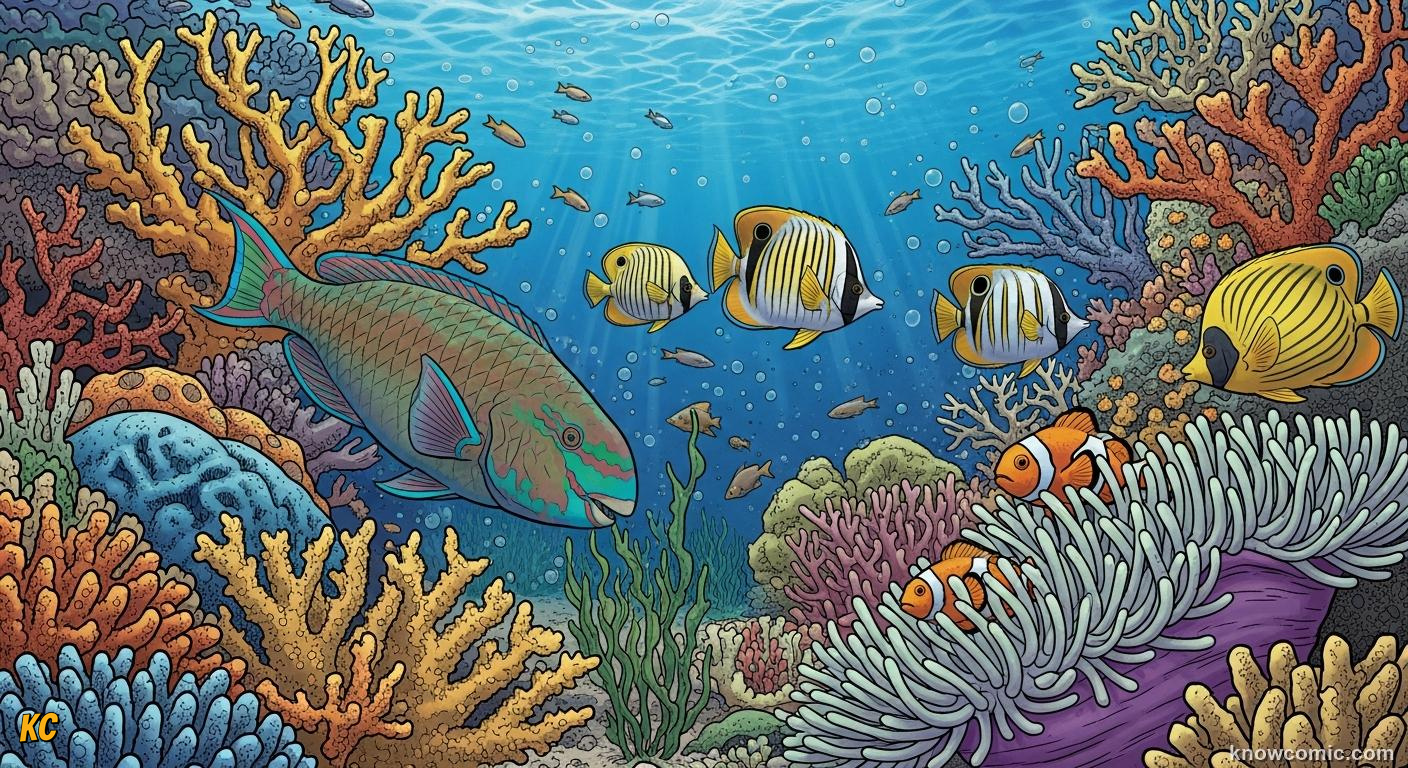 Intricate reef food web showing parrotfish sharks butterflyfish and algae interacting