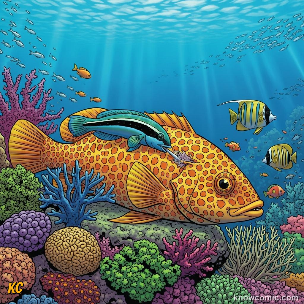 A cleaner wrasse fish picking parasites from a larger reef fish at a cleaning station