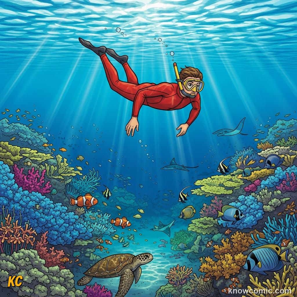 A snorkeler swimming gently above coral without touching the living reef below