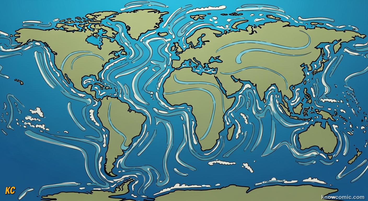 World map showing one connected ocean with water mixing around and under the continents