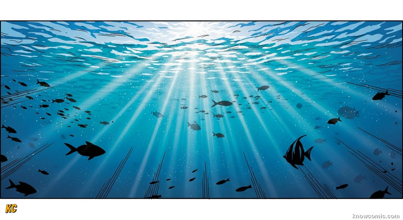 Sunlit epipelagic zone with dolphins kelp forests fish and bright coral reefs at depth
