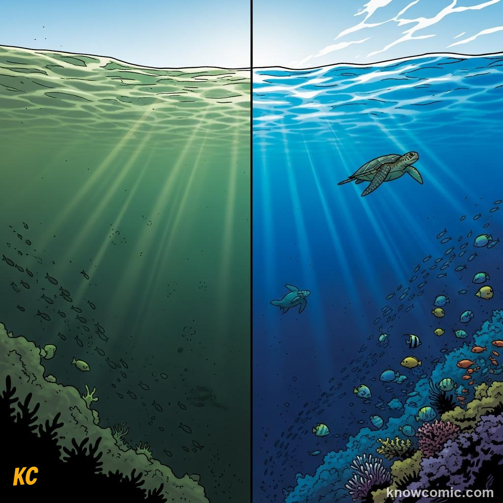 Light fading rapidly with increasing depth in murky coastal ocean water