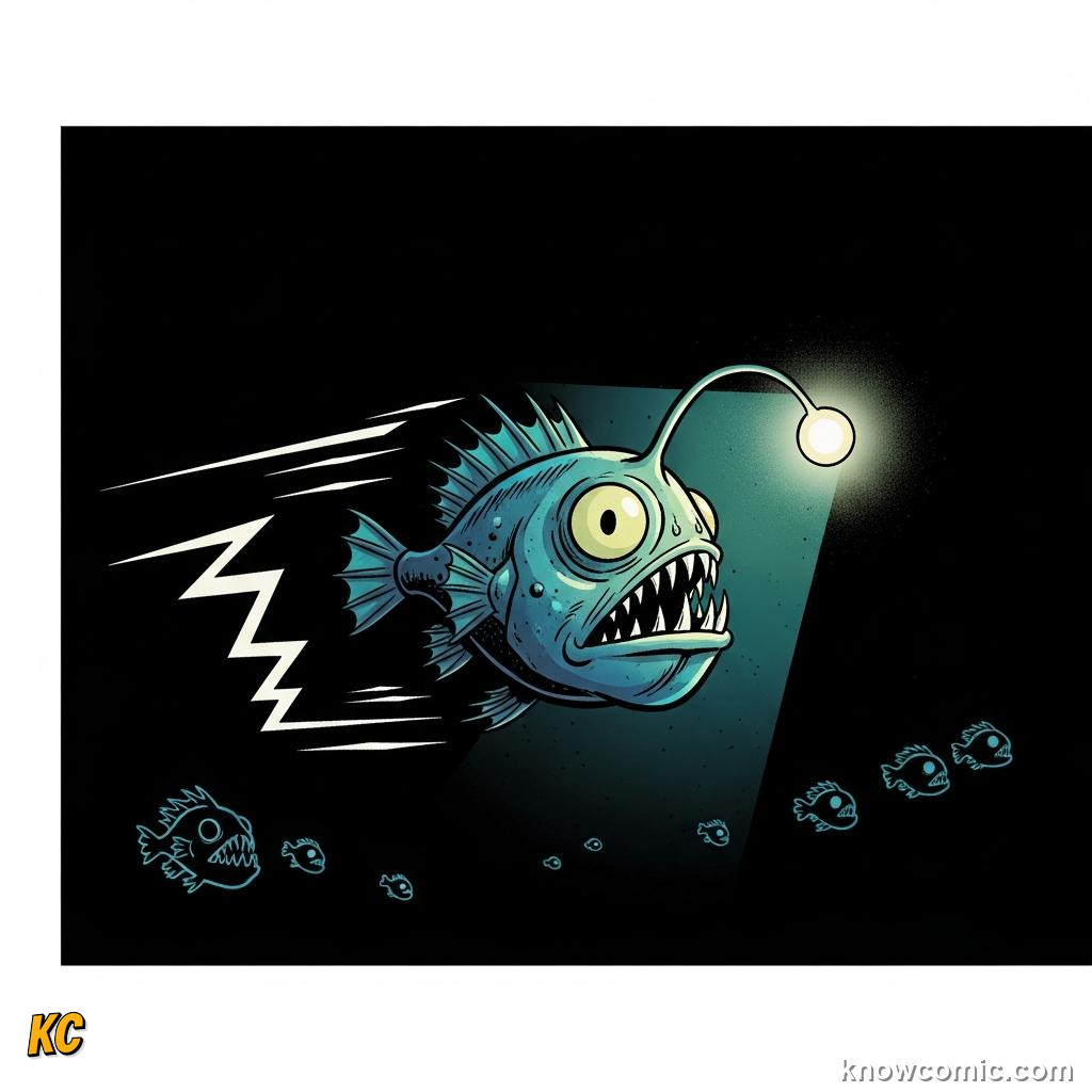 A deep-sea creature using bioluminescent flashes to confuse an approaching predator