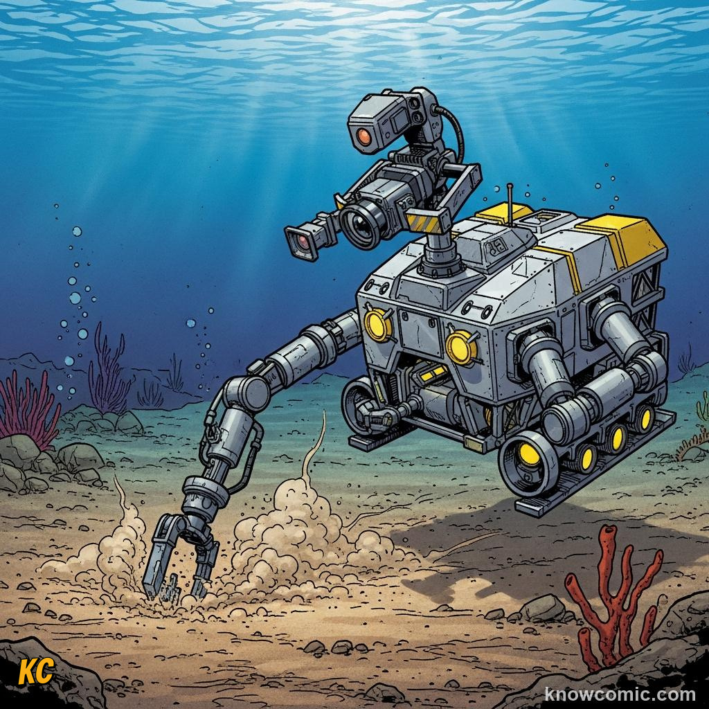 An ROV remotely operated vehicle exploring and photographing a dark ocean trench
