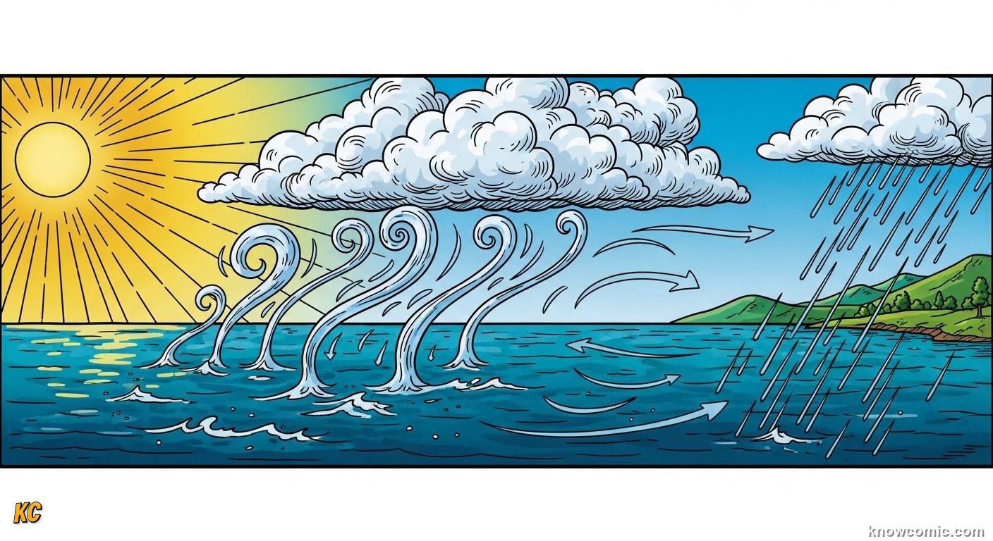 Water cycle showing evaporation lifting pure water from the ocean while salt stays below