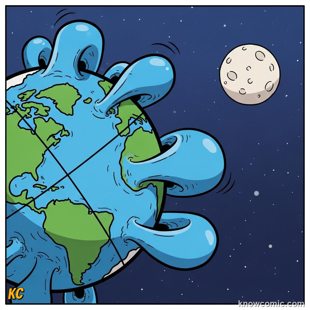 Earth rotating inside tidal bulges causing two high tides every lunar day at most coasts