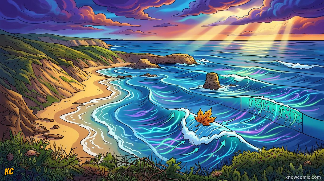Comic ocean panorama showing rolling waves carrying energy while water particles stay in place