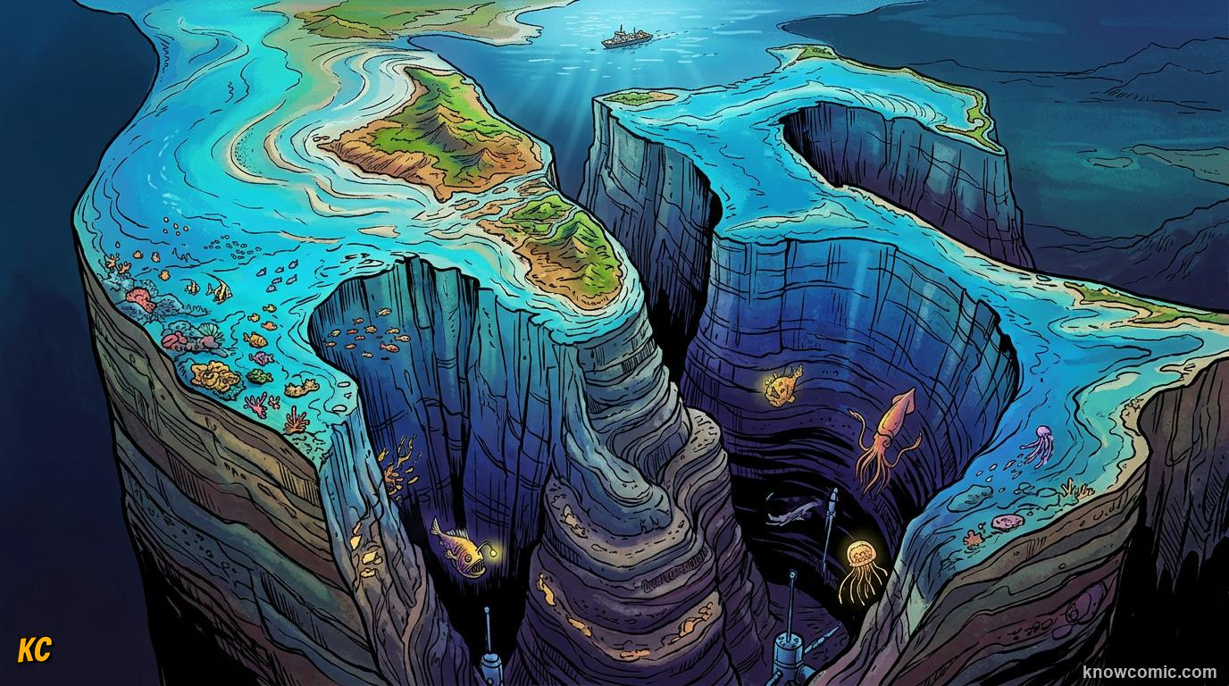 Comic cutaway of the Mariana Trench plunging into black Pacific water deeper than a tall mountain