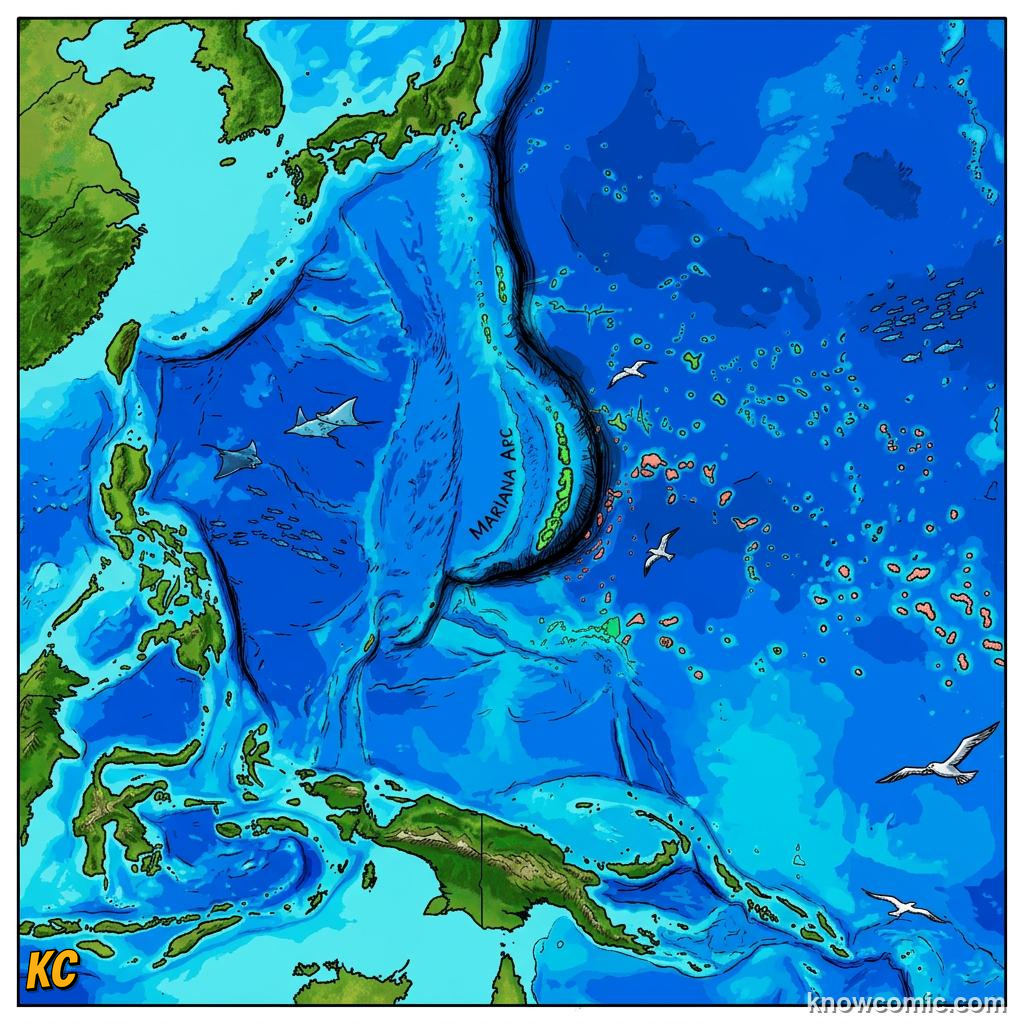 Comic Pacific map mood with islands and a dark trench arc near the Mariana Islands