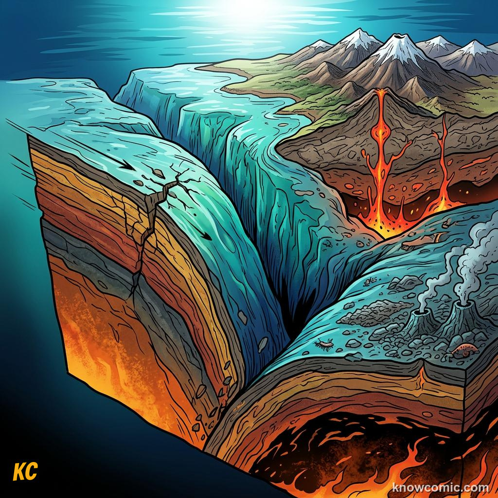 Comic of one tectonic plate sliding under another and carving a deep ocean trench