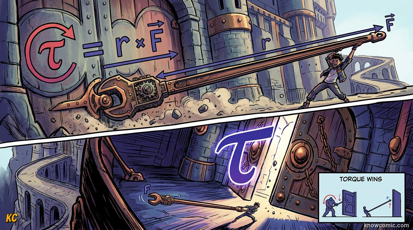 Comic illustration of balanced torques on a rotating object
