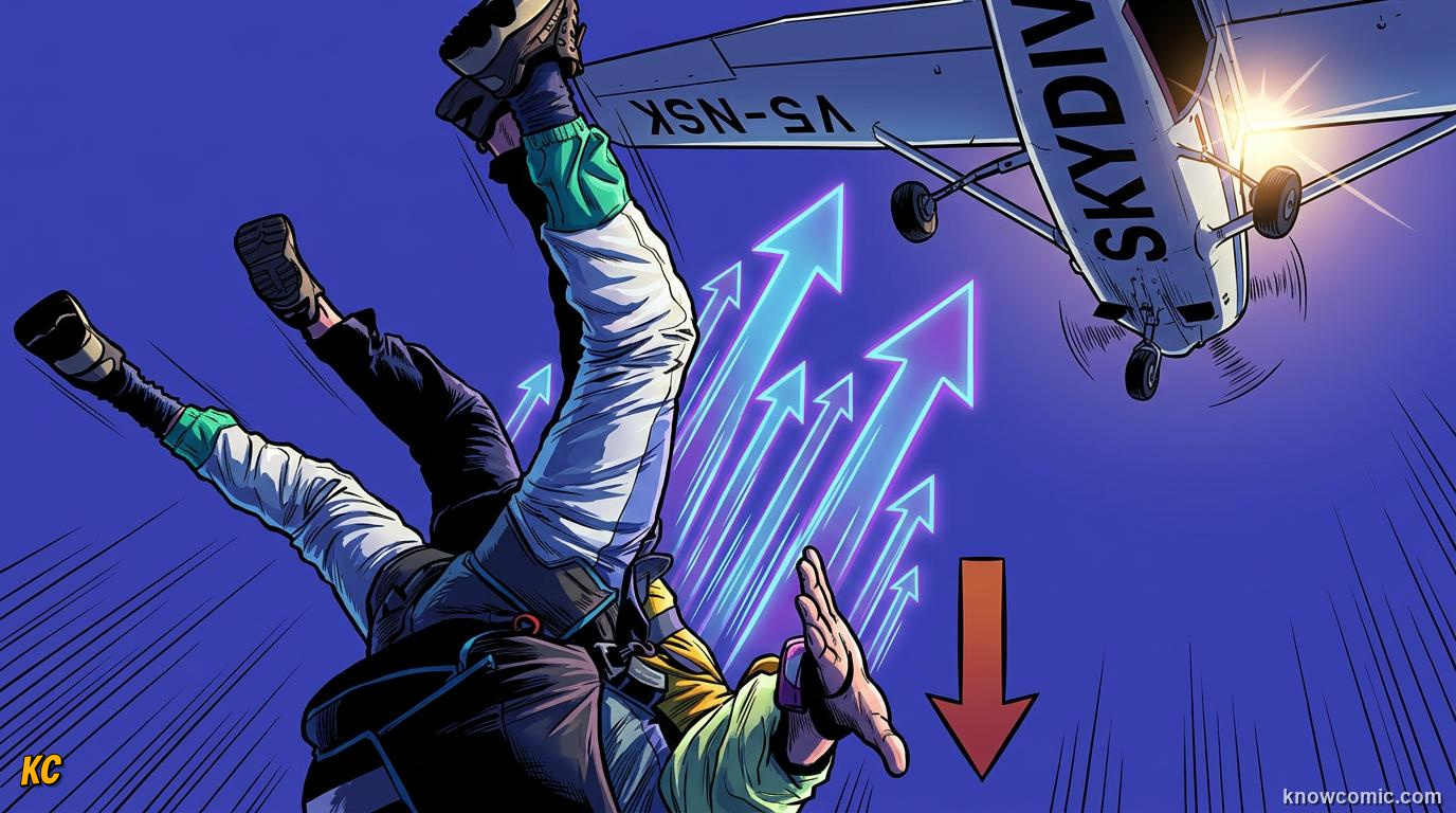 Comic illustration of an object falling through air with gravity pulling down