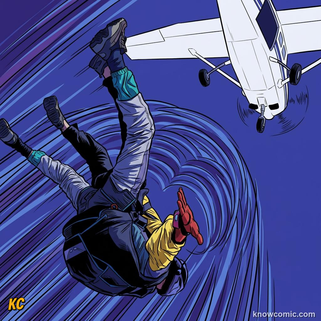 Comic illustration of weight force pulling a falling object down