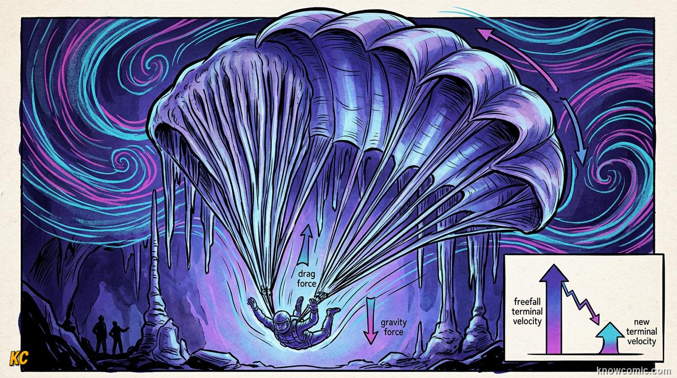 Comic illustration of force balance at terminal velocity