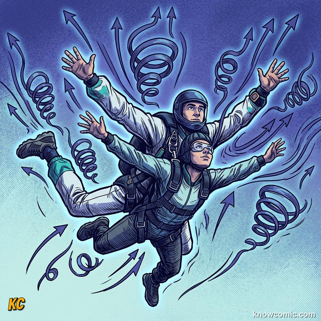 Comic illustration of terminal velocity with balanced forces