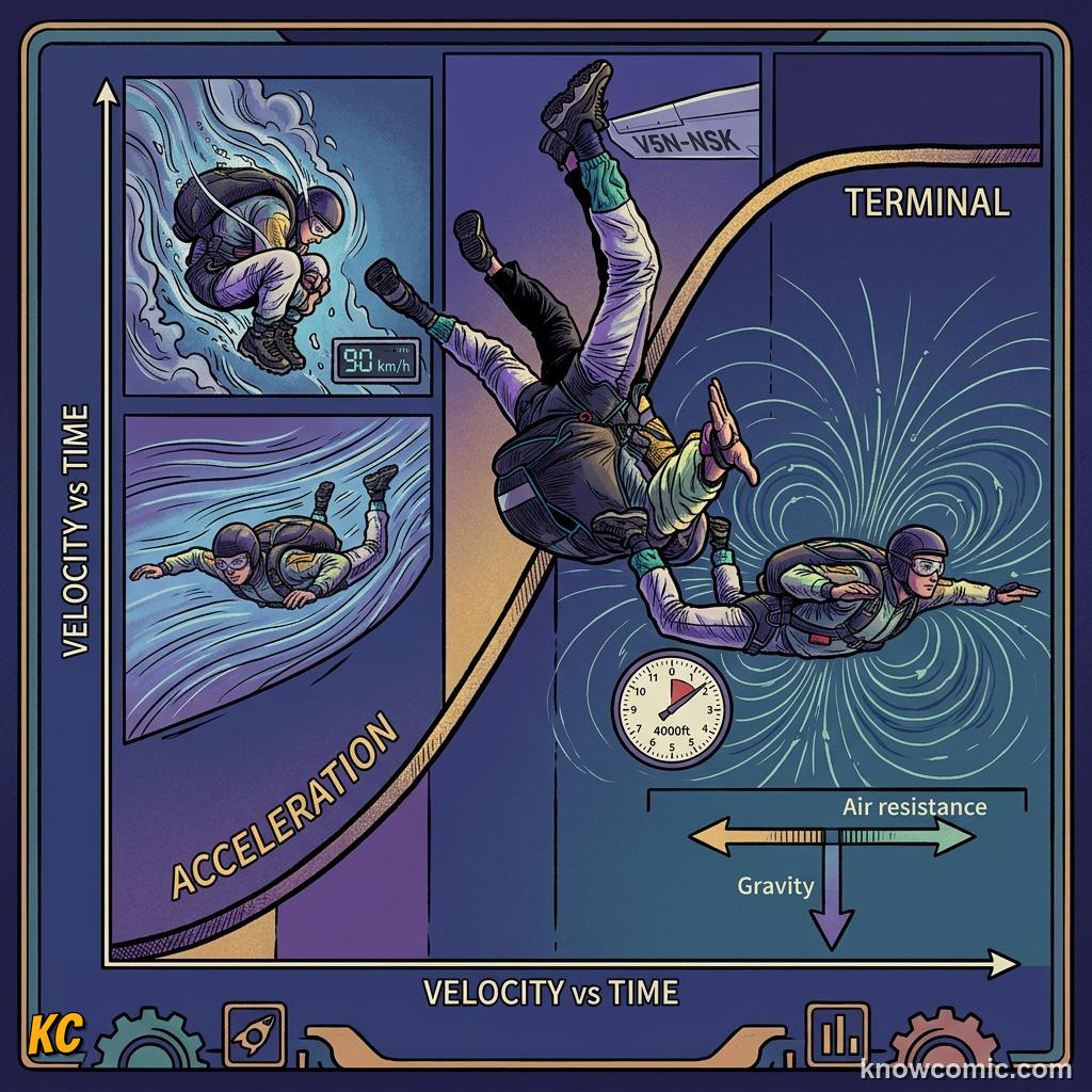 Comic illustration of hammer and feather falling on the Moon with no air resistance