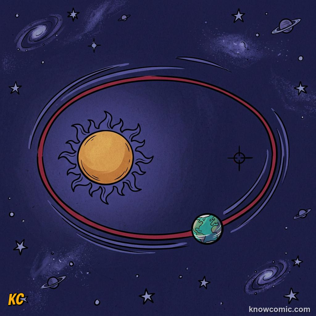 Comic illustration comparing a circular orbit with an elliptical orbit