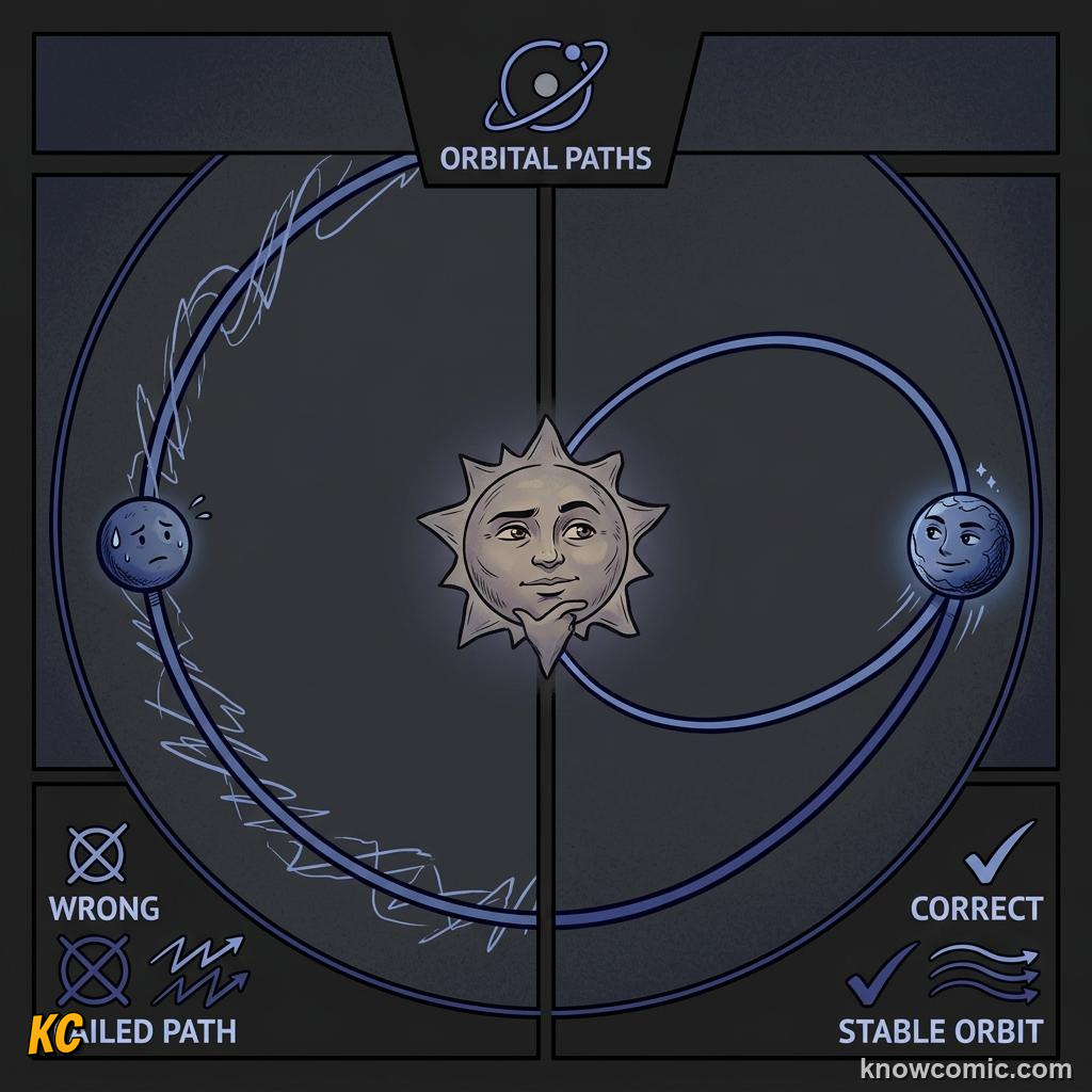 Comic illustration of an ellipse with the Sun at one focus point