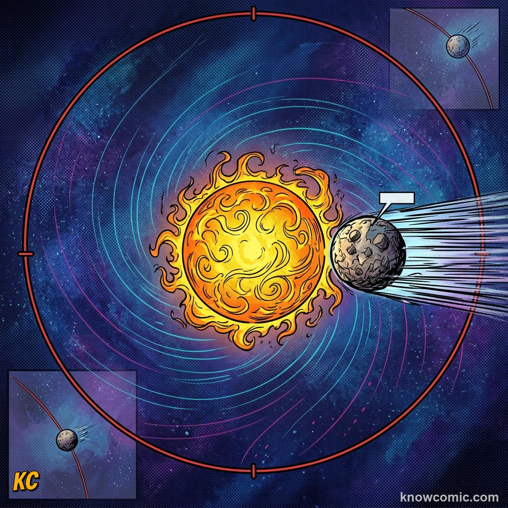 Comic illustration of a planet at perihelion, its closest point to the Sun