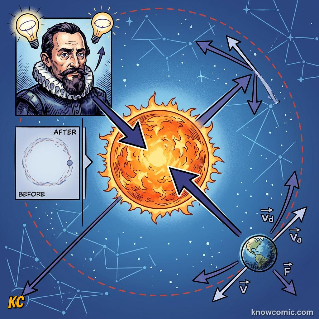 Comic illustration showing a planet speeding up near the Sun and slowing down far away