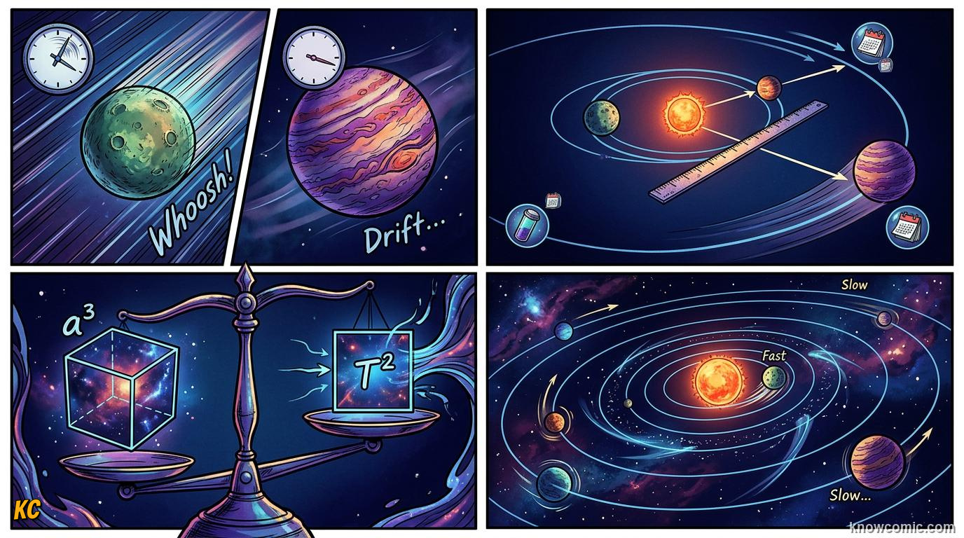 Comic illustration of the solar system showing Kepler's third law relating orbital period to distance