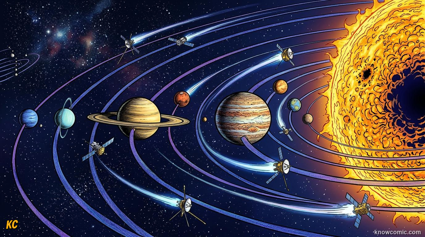Comic illustration of modern satellites and space missions using Kepler orbital mechanics