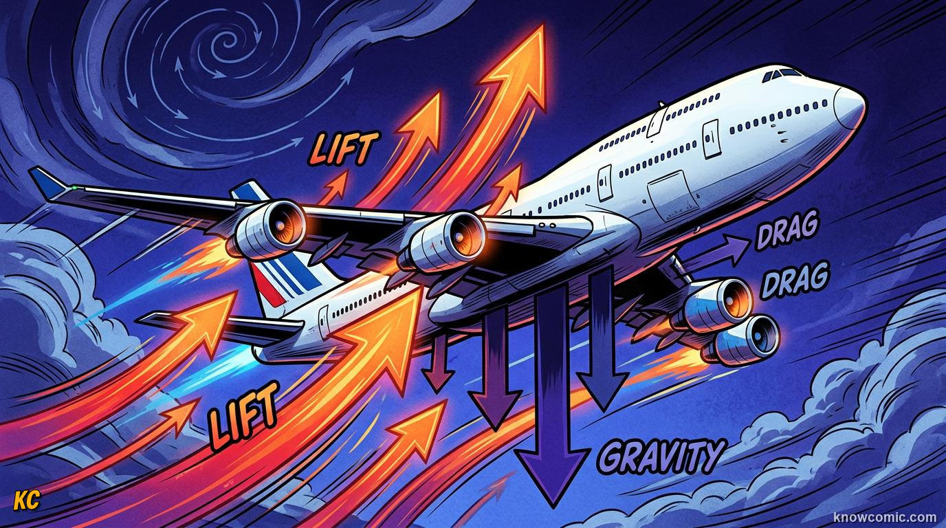 Comic illustration of an airplane in flight with lift force opposing gravity