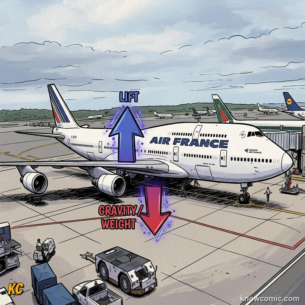 Comic illustration of gravity pulling an airplane downward