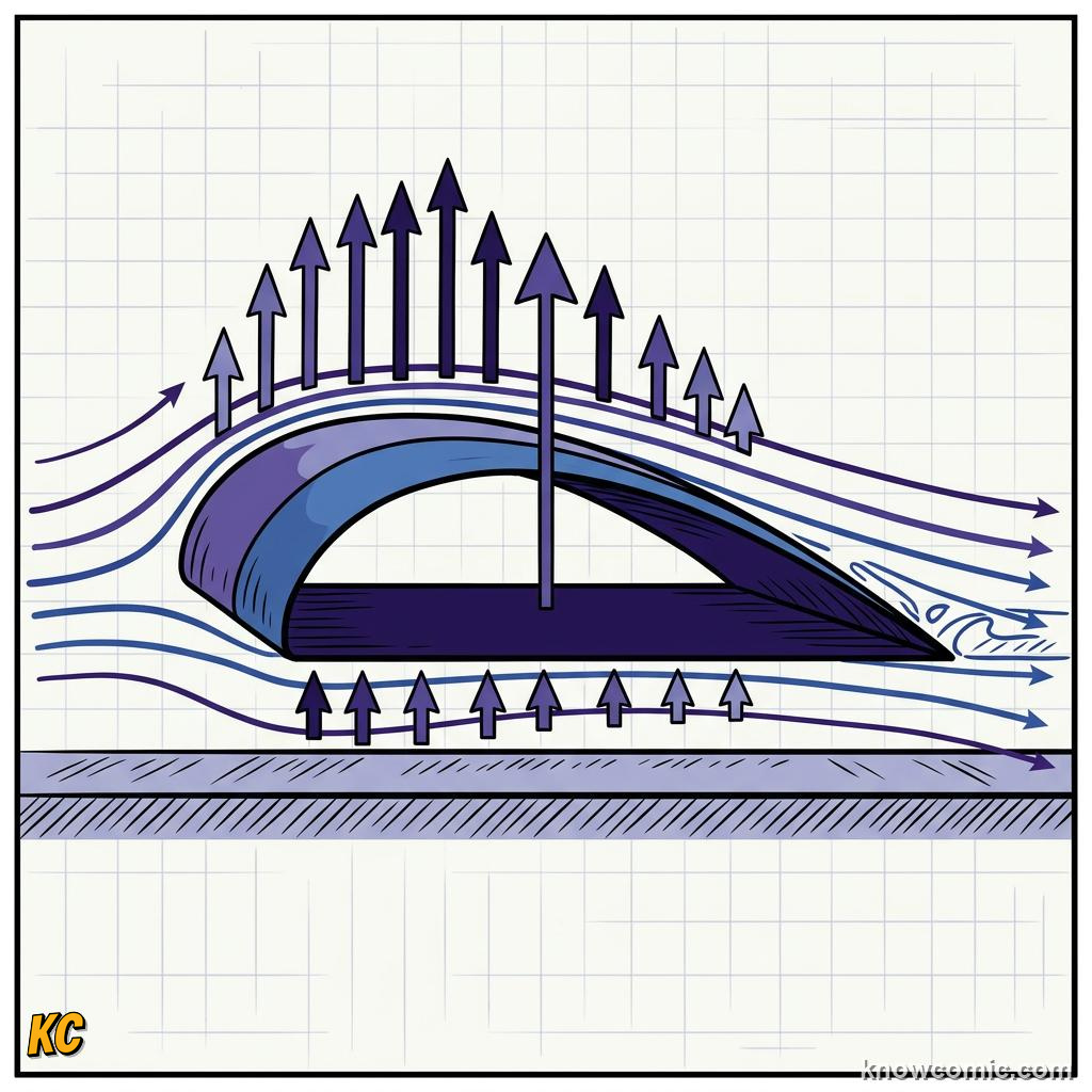Comic illustration of lift force pushing upward on an airplane wing