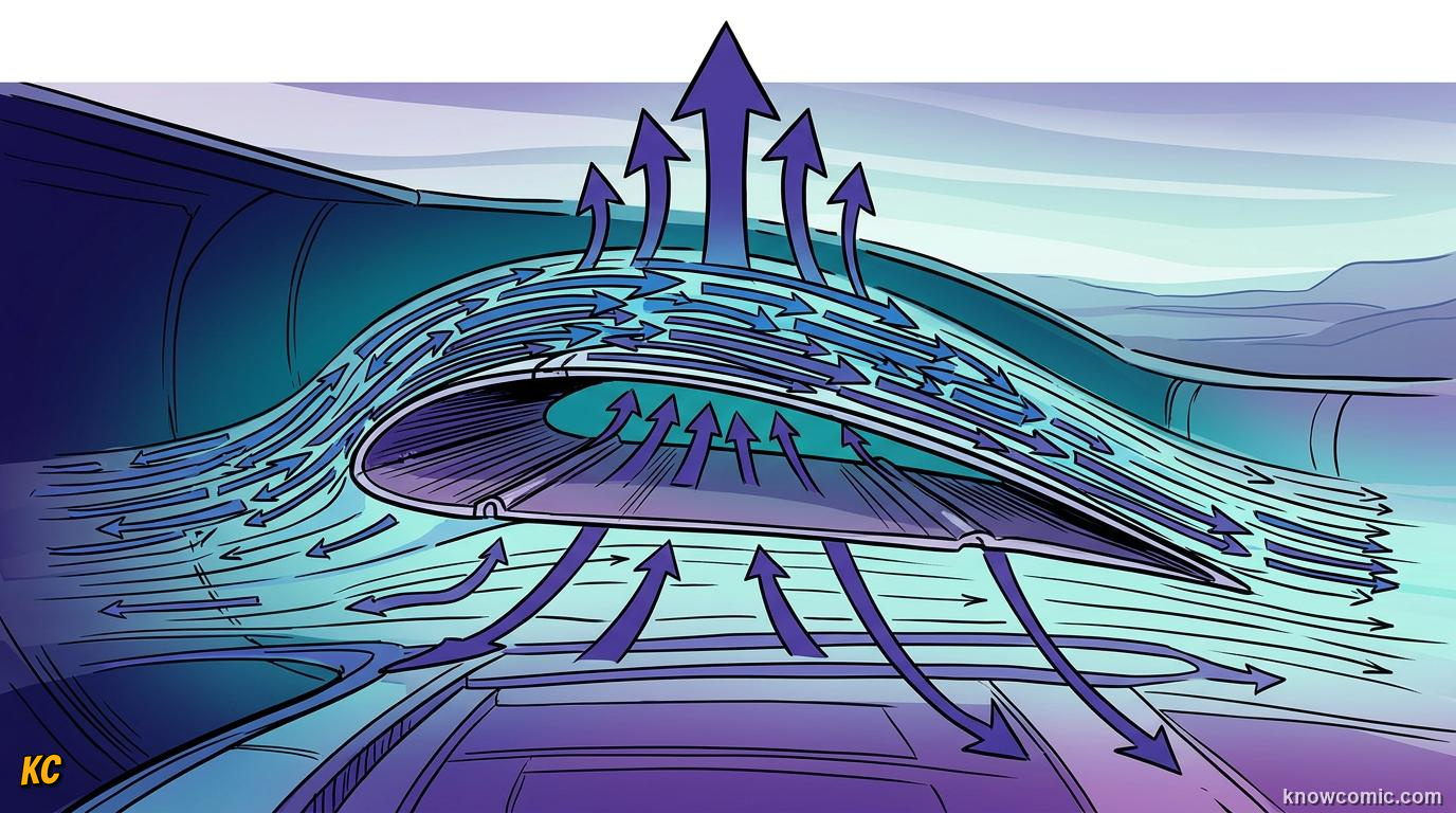 Comic cross-section diagram of an airfoil wing showing airflow above and below