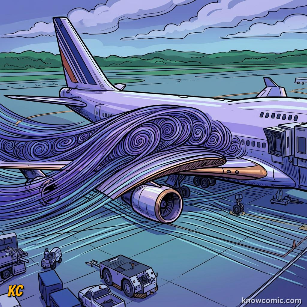 Comic illustration of faster airflow over the curved top of a wing