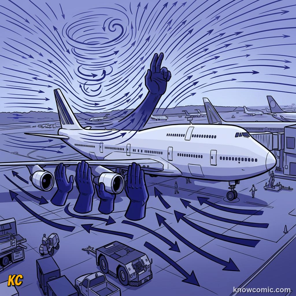 Comic illustration explaining Bernoulli's principle with faster fluid and lower pressure