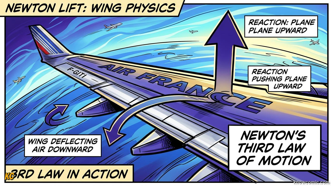 Comic diagram showing a wing deflecting air down and receiving upward lift force