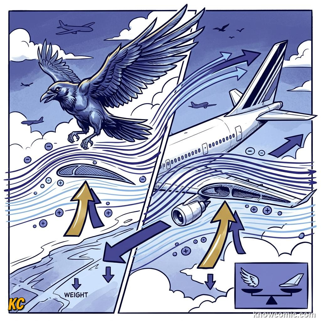 Comic illustration of Newton's third law creating upward lift on a wing