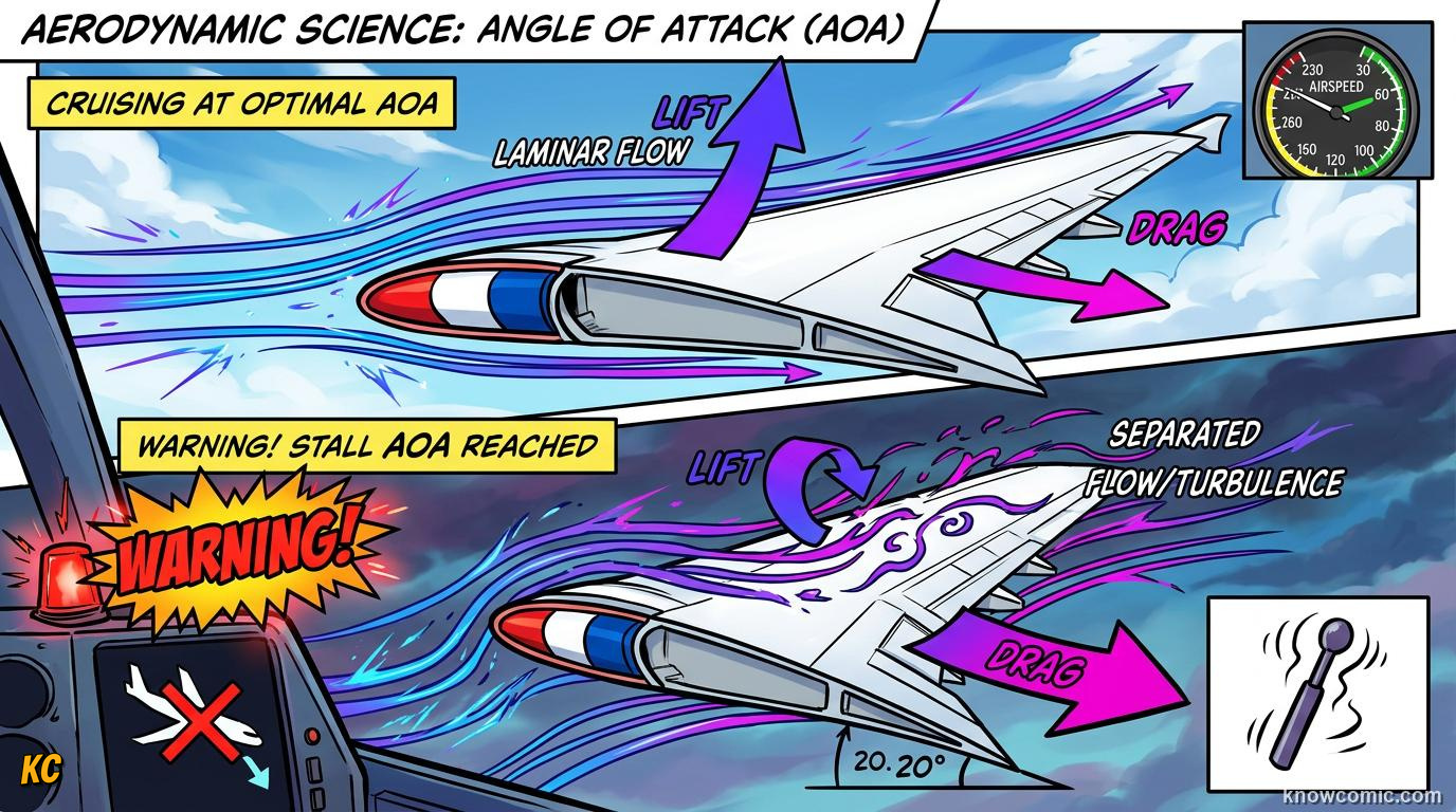 Comic illustration of angle of attack showing how wing tilt affects lift and airflow