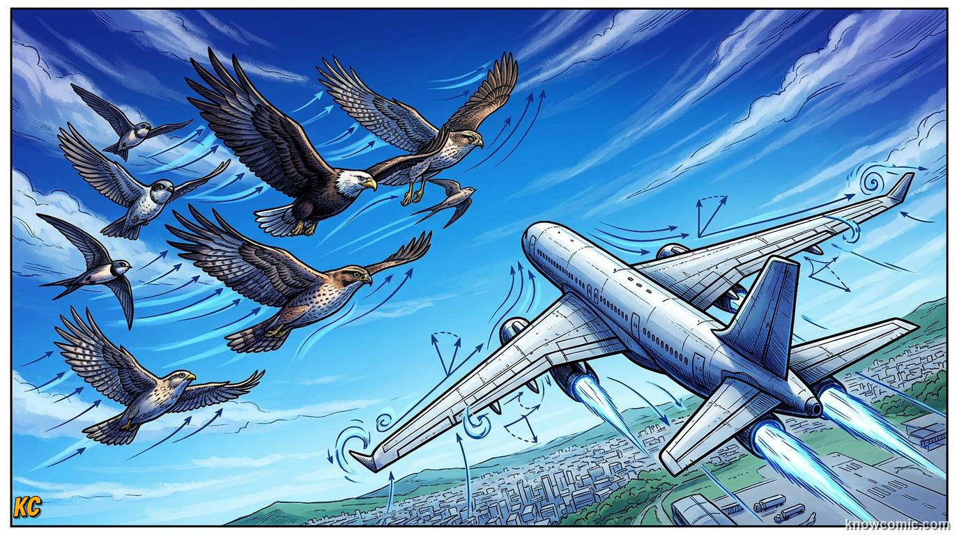 Comic illustration of birds, gliders, and helicopters all using aerodynamic lift