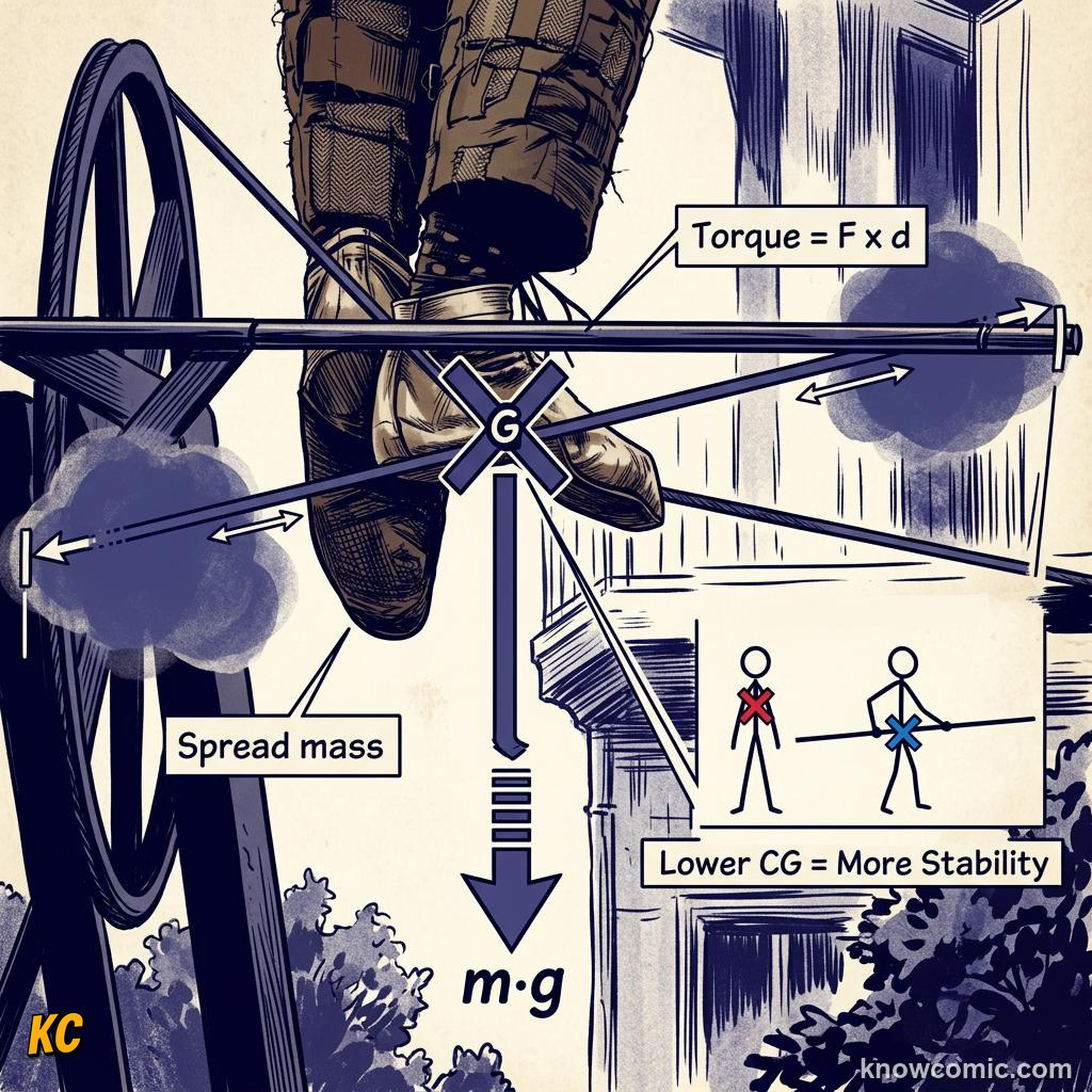 Comic illustration of center of mass at the middle of uniform shapes