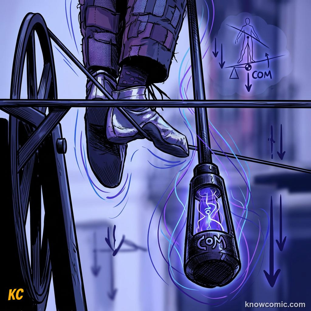 Comic illustration of athletes using center of mass for balance in sports