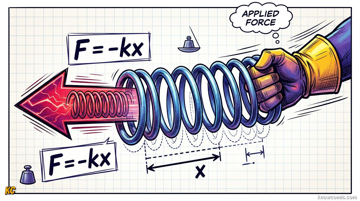 Comic illustration of a spring being stretched and pushing back with restoration force